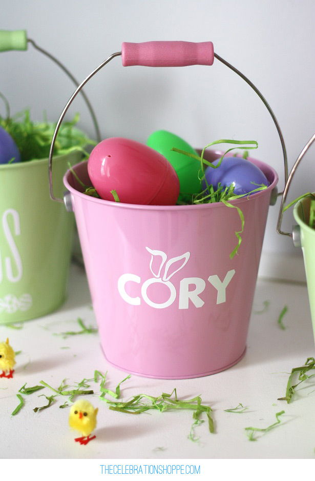 pink easter pail with name and bunny ears