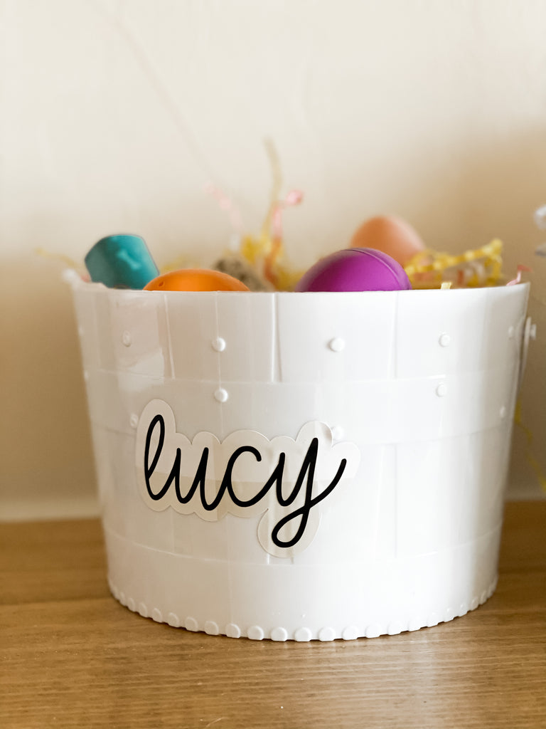 white easter basket filled with eggs