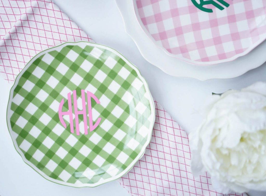 green gingham plate with pink monogram