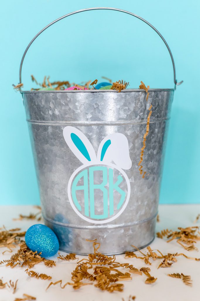 tin bucket with monogram and bunny ears